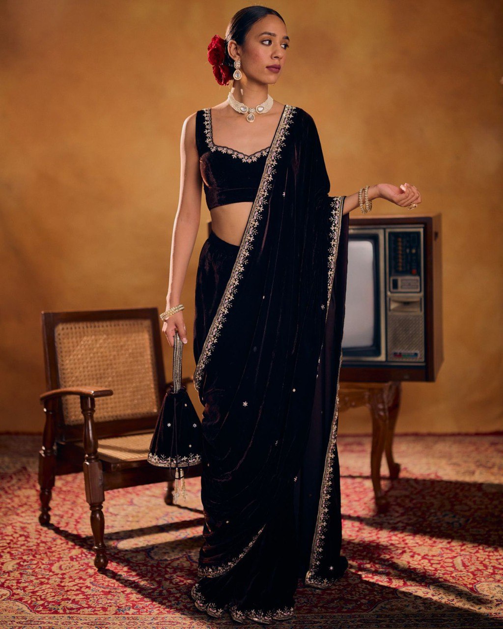 Elegant velvet saree with embroidered border