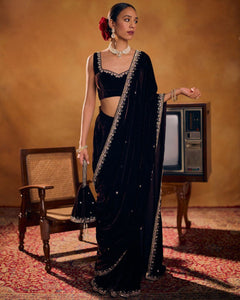 Elegant Velvet Saree with Embroidered Lace Border and Stitched Blouse