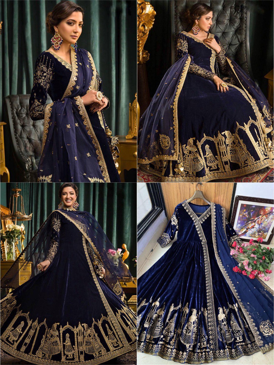 Navy velvet Anarkali gown with golden embroidery