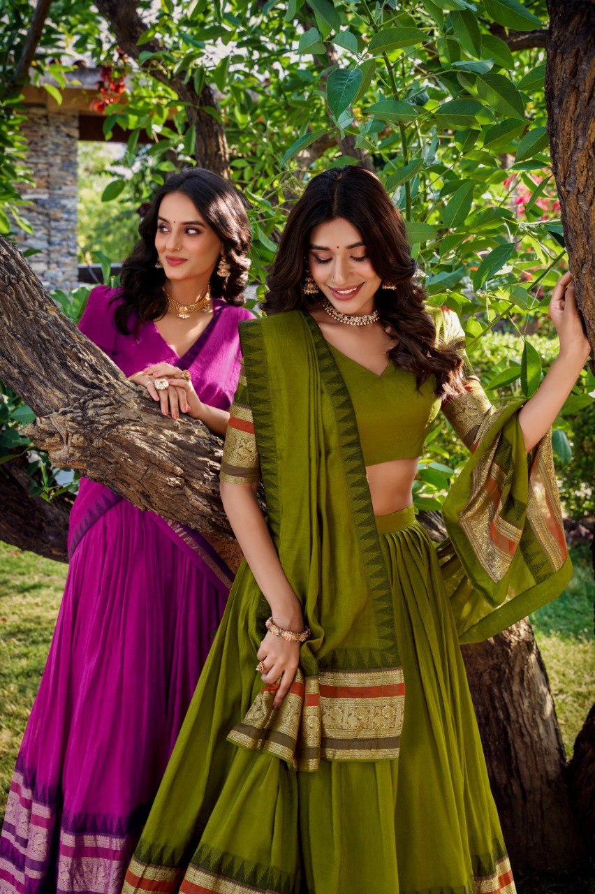 Olive green Chanderi lehenga with zari border