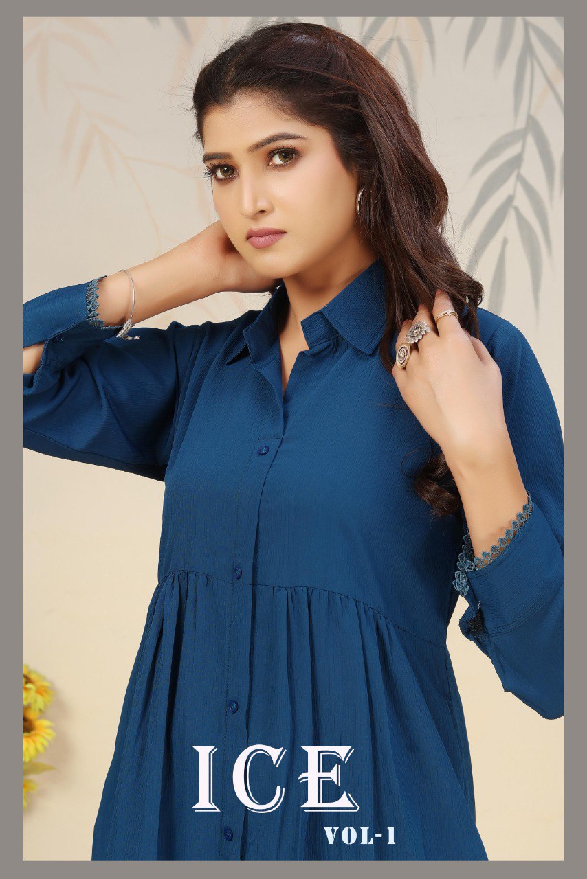 Close-up of model in Morpich Blue Rinkal Cotton Kurti Pant Set, showing collared neckline and gathered details.