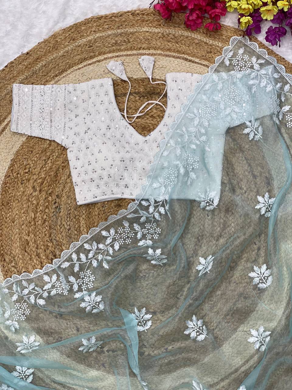 TRENDBUY Aqua Organza Saree with White Floral Embroidery and Sequin Blouse