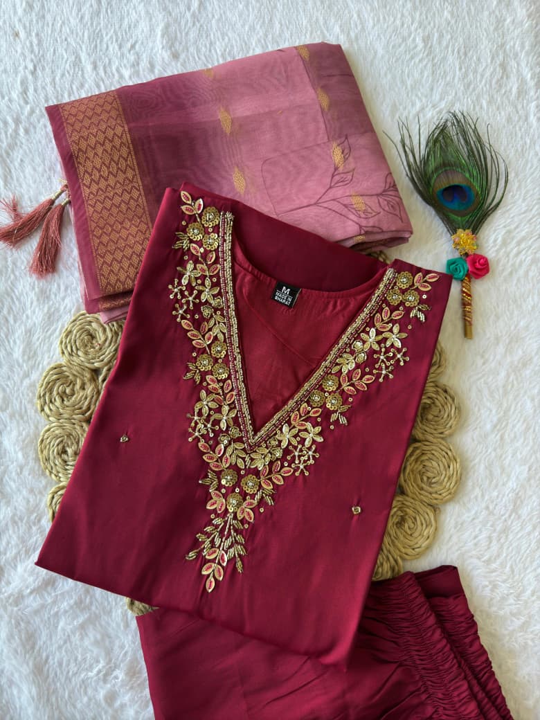 TRENDBUY Maroon Hand Work Roman Silk Kurti Set with Dupatta and Pant