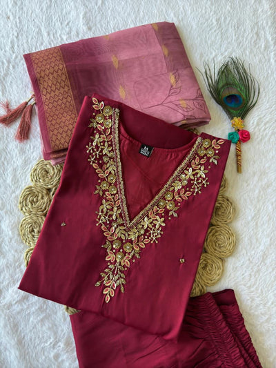 Hand Work Roman Silk Kurti Set for Women | Festive Wear
