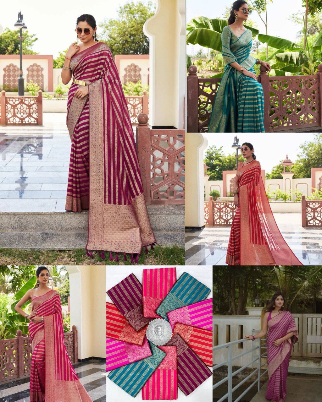 Woman in a magenta Lichi silk jacquard striped saree with a golden belt, posing elegantly outdoors.