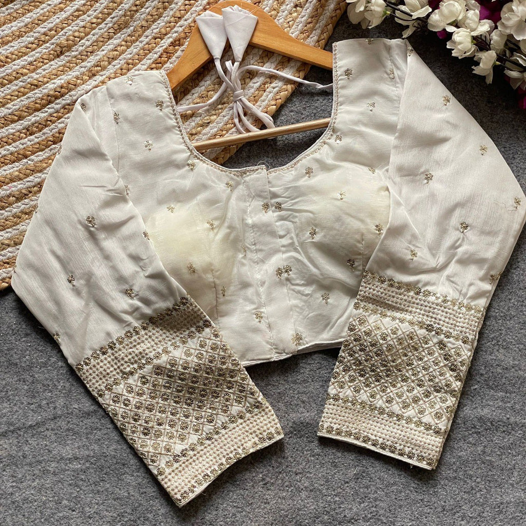 TRENDBUY Off-White Vichitra Silk Blouse with Gold Zari and Sequence Embroidery, 3/4 Sleeves