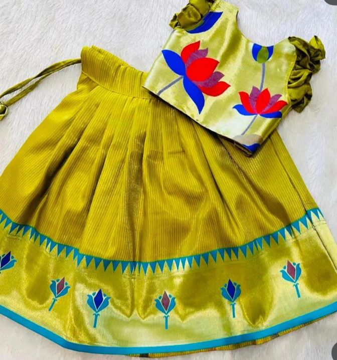 Olive Green Kids Paithani Lotus Lehenga Set with Zari Weave