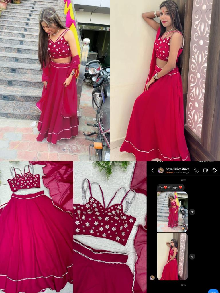 Collage showcasing the magenta georgette lehenga set, including a worn shot by a woman and detailed flat lays of the blouse, lehenga, and dupatta.
