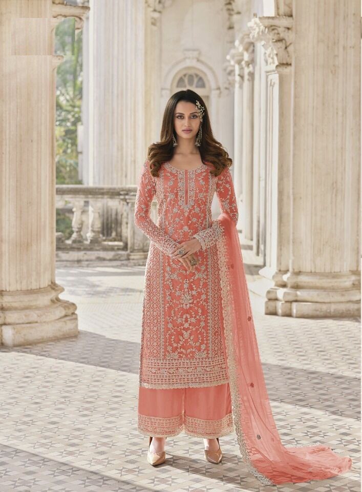 Peach embroidered net palazzo suit for women by TRENDBUY