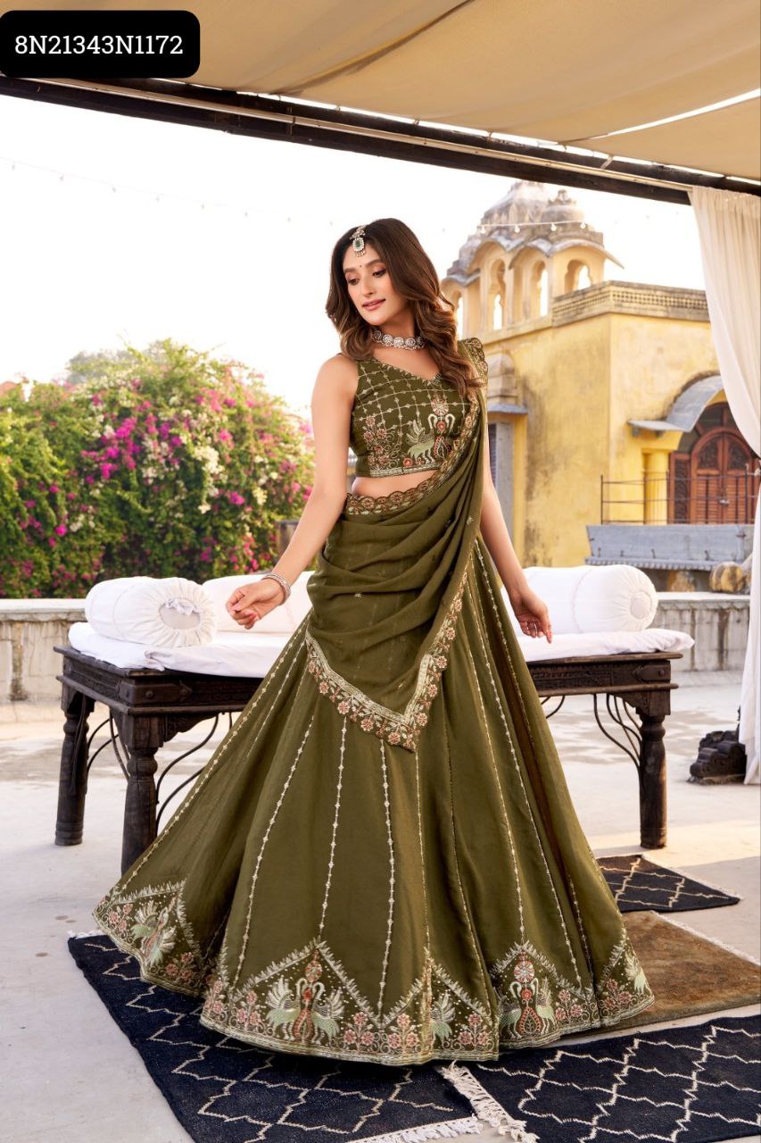 Olive Green Bridesmaid Lehenga Choli, front view, sequin and thread embroidery