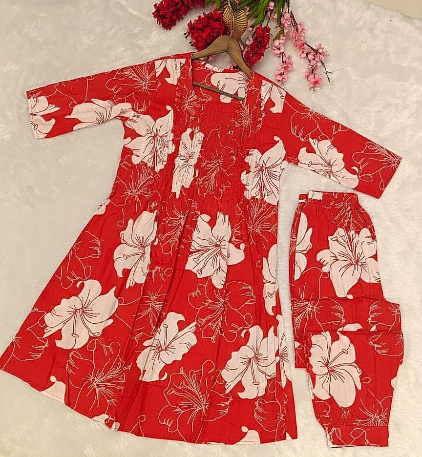 TRENDBUY Red Floral A-Line Cotton Short Kurti and Pant Co-ord Set Flatlay