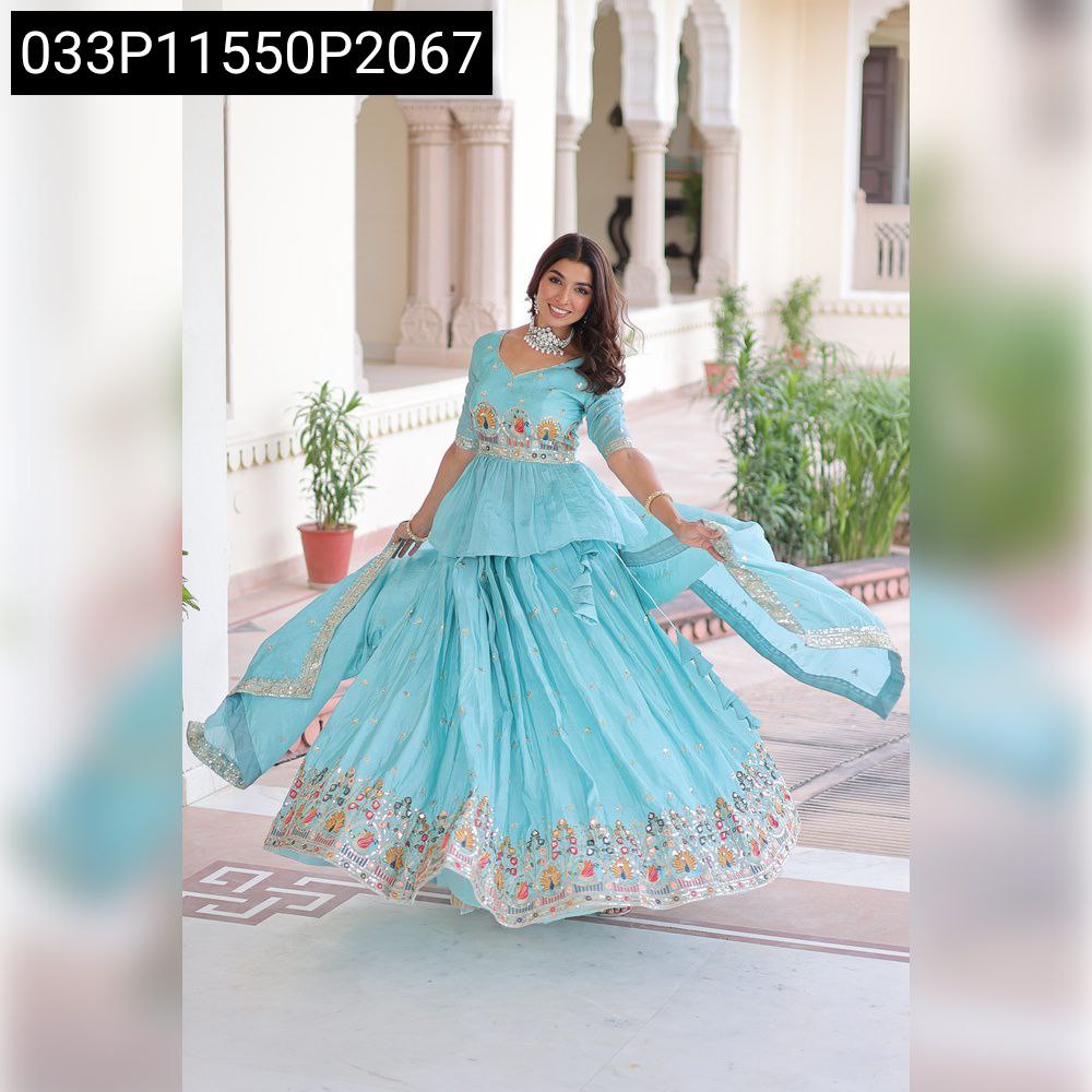 Aqua Blue Peplum Blouse Lehenga for Women