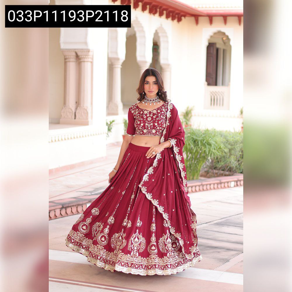 Model wearing TRENDBUY Maroon Vichitra Silk Embroidered Lehenga Choli, full view
