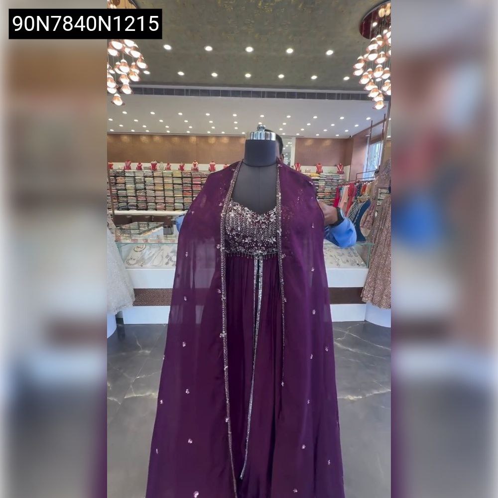 TRENDBUY Faux Georgette Embroidered Lehenga Set with Koti and Dupatta in Plum on Mannequin, full front view