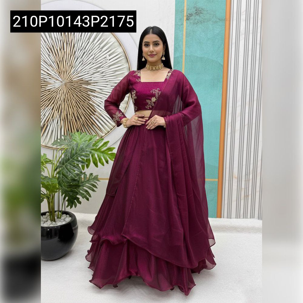 Model in Berry Sequins Embroidered Dual Frill Lehenga, full body, front pose, looking at camera
