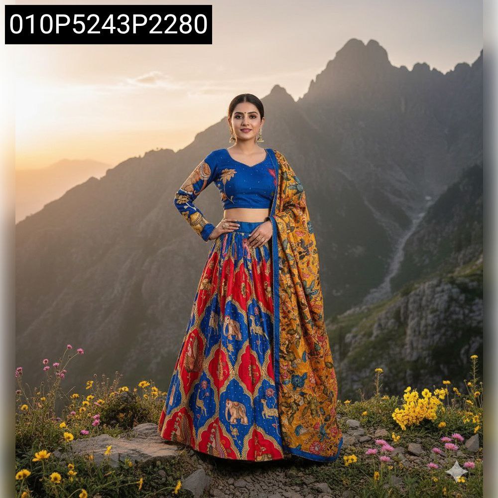 Front-facing model in TRENDBUY Kalamkari Print Lehenga Choli with blue blouse, red and blue lehenga, and yellow floral dupatta, on a mountain peak