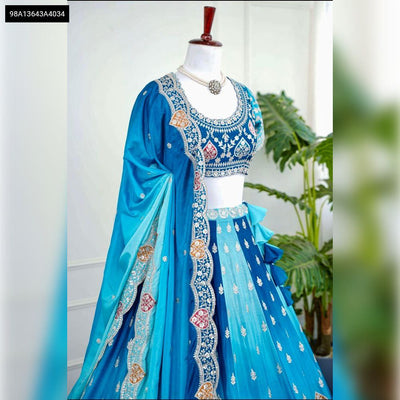 Exclusive Blue Ombre Pedding Chiffon Embroidered Lehenga Set