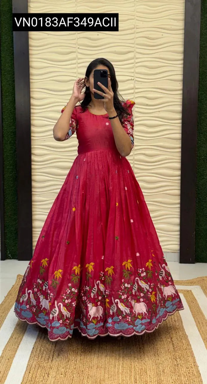 TRENDBUY Deep Pink Pichwai embroidered soft crush gown with sequence work, front view.