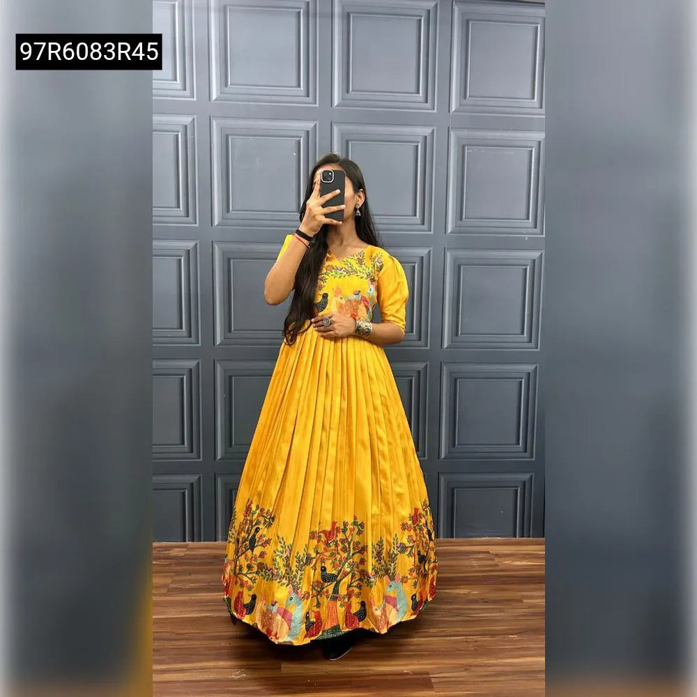 TRENDBUY Golden Yellow Pichwai Print A-line Gown for Women, Front View