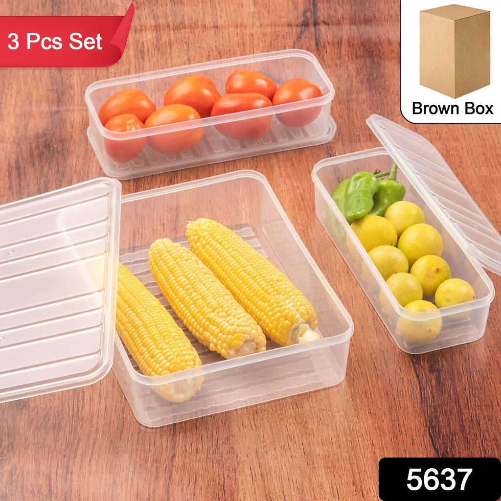 3 Pcs set stackable plastic fridge storage boxes with lids for vegetable organization.