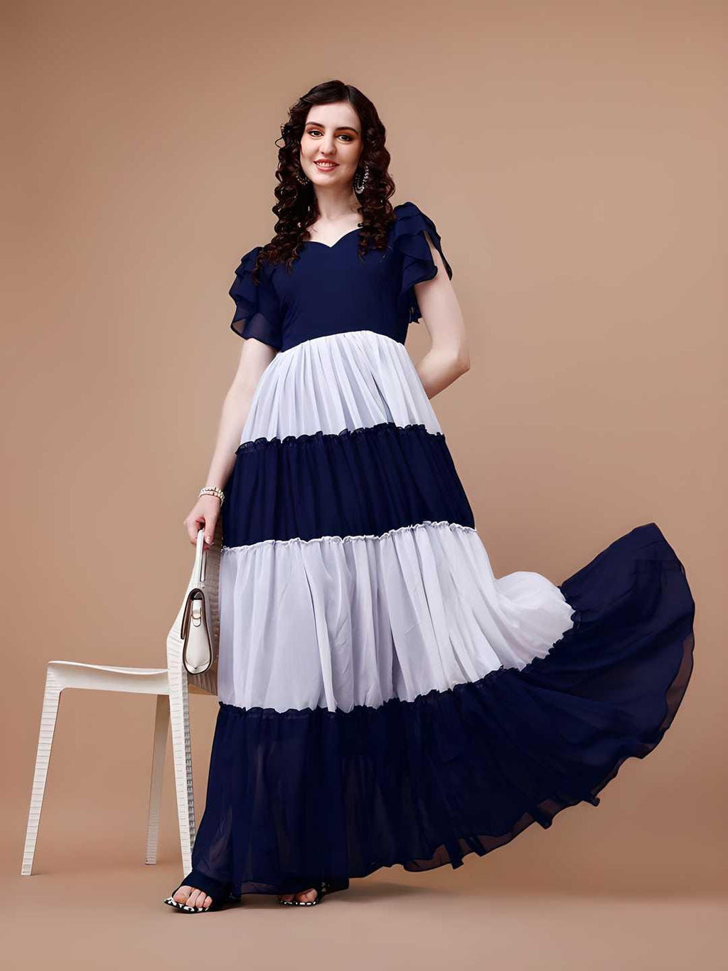 Plus Size Women's Georgette Colorblock Flared Gown - TREND BUY