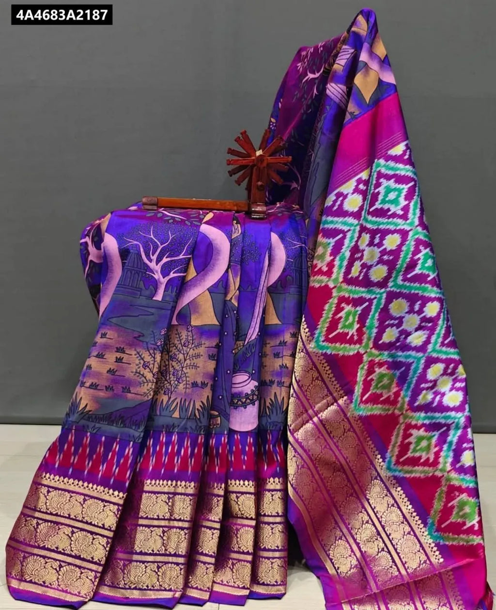 Draped Purple Dolla Silk Pochampalli Printed Saree with Jacquard Border