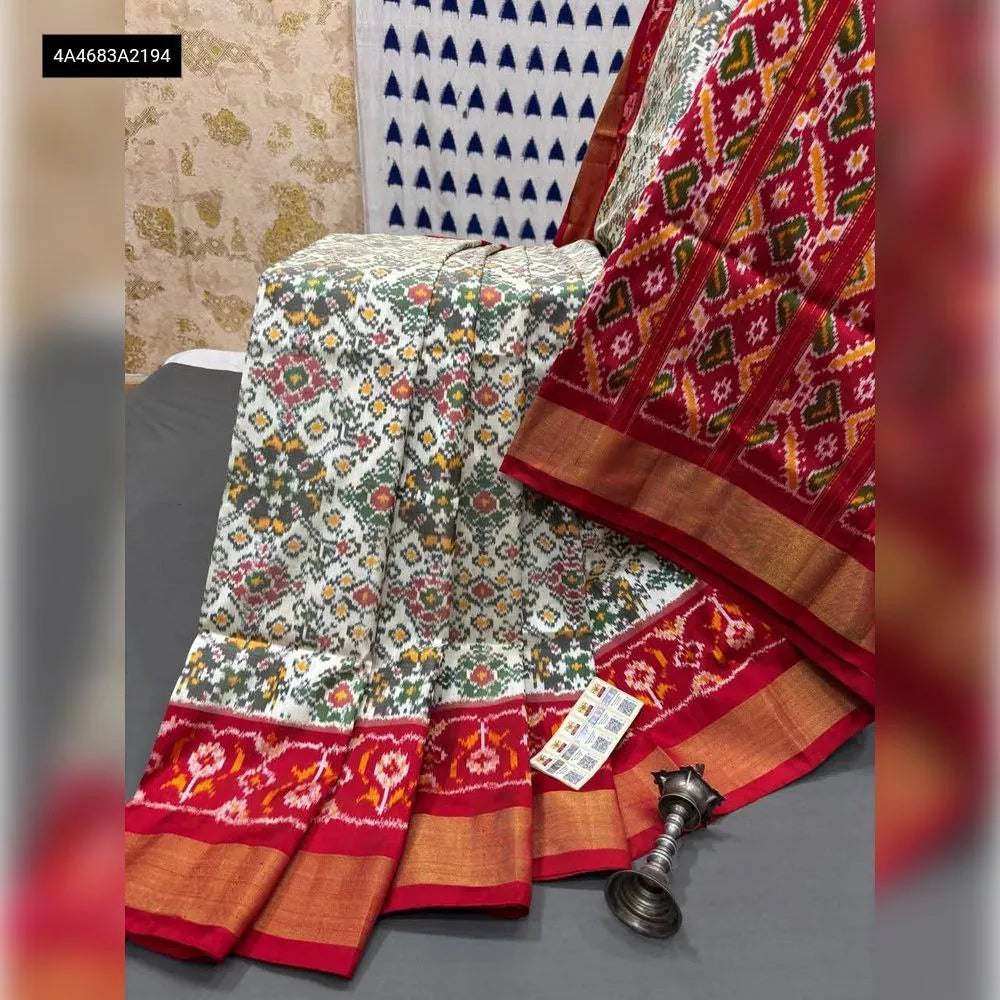 Cream and Red Pochampalli Ikat Dola Silk Saree with Jacquard Border