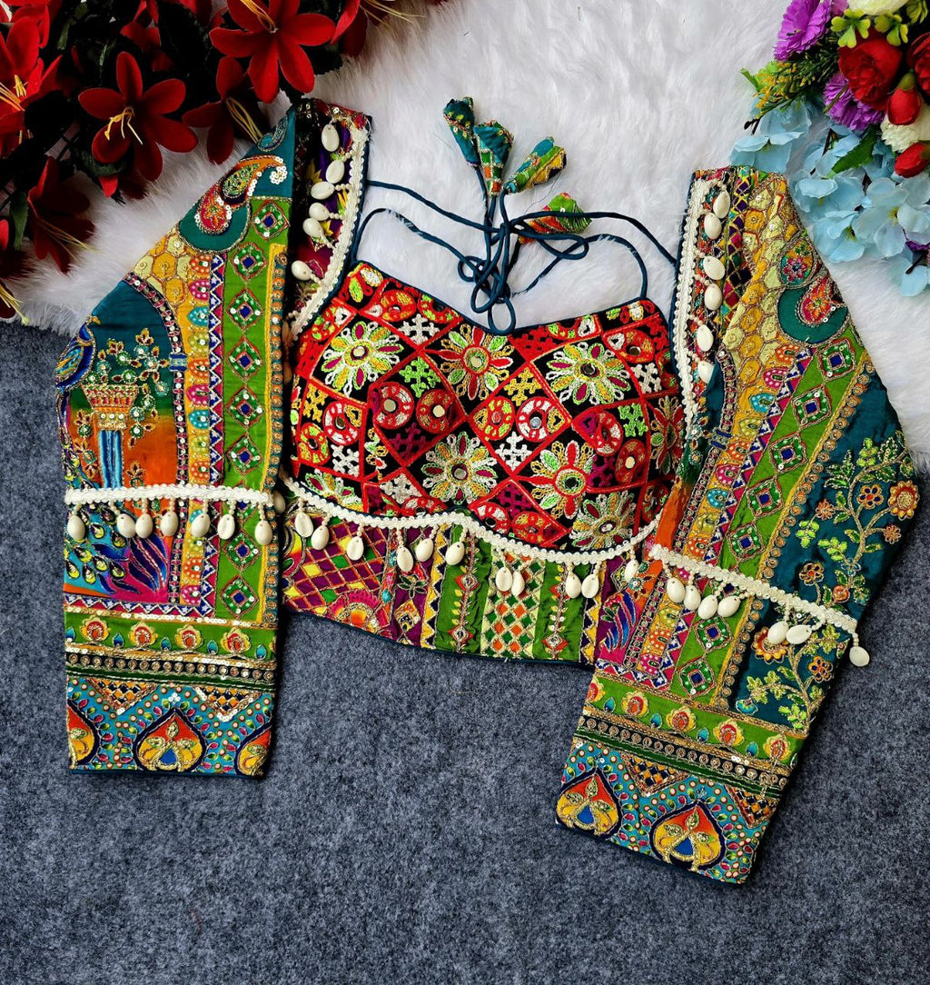 Close-up of vibrant multi-hued Pojisan print on full sleeves