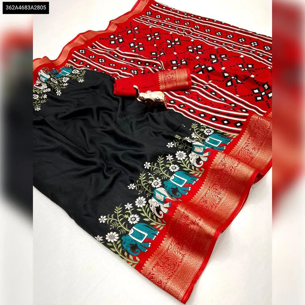 TRENDBUY Black Poly Silk Saree with red border, elephant print, and contrasting pallu draped elegantly with blouse piece and elephant figurine.