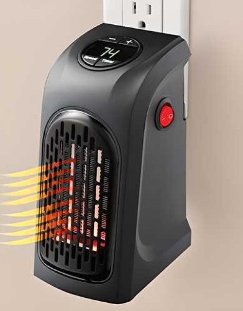 Portable Handy Heater plugged directly into a wall outlet, heating a room.