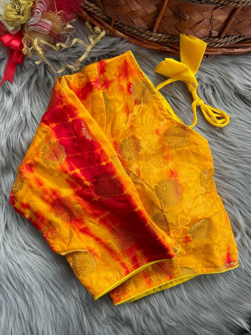 TRENDBUY Yellow and Red Tie-Dye Dola Silk Blouse, front view, party wear