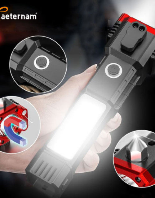 Multi-tool power bank flashlight with zoomable torch, side LED work light, and emergency hammer.