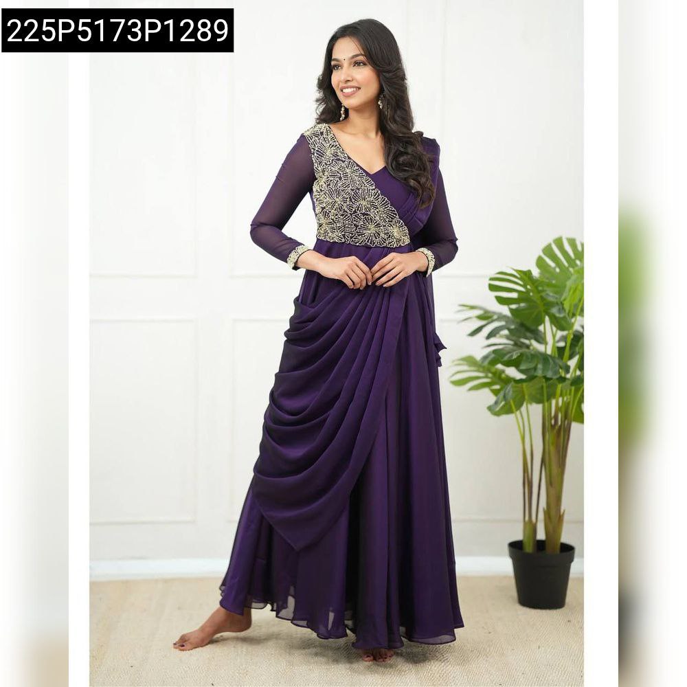 Woman posing in full length purple pre-draped Vichitra silk saree with embroidered blouse