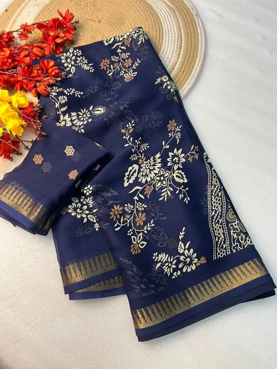 Navy blue marshmallow bentex border saree with floral ajrakh print and matching blouse piece