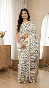 Premium Ajrakh Print Silk Saree with Mirror Work - Elegant Festive Wear