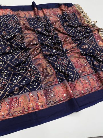 Premium Ajrakh Satin Silk Saree - Heavy Mirror Work Festive Wear for Women