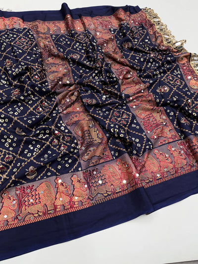 Premium Ajrakh Satin Silk Saree - Heavy Mirror Work Festive Wear for Women