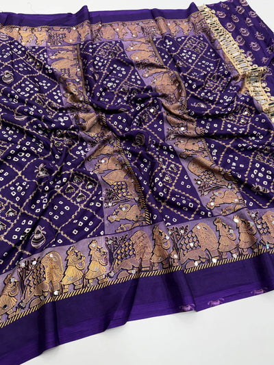 Premium Ajrakh Satin Silk Saree - Heavy Mirror Work Festive Wear for Women