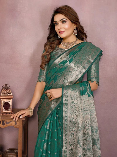 Premium Banarasi Organza Silk Saree - Elegant Gold Zari Weaving for Festive Prep