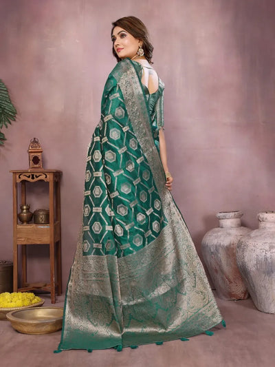 Premium Banarasi Organza Silk Saree - Elegant Gold Zari Weaving for Festive Prep