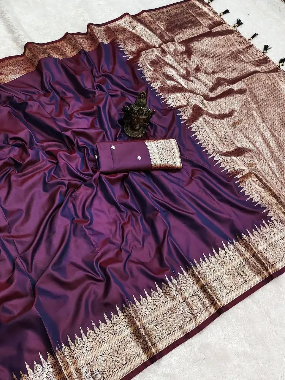 Wine pure banarasi silk saree with gold zari border and rich pallu