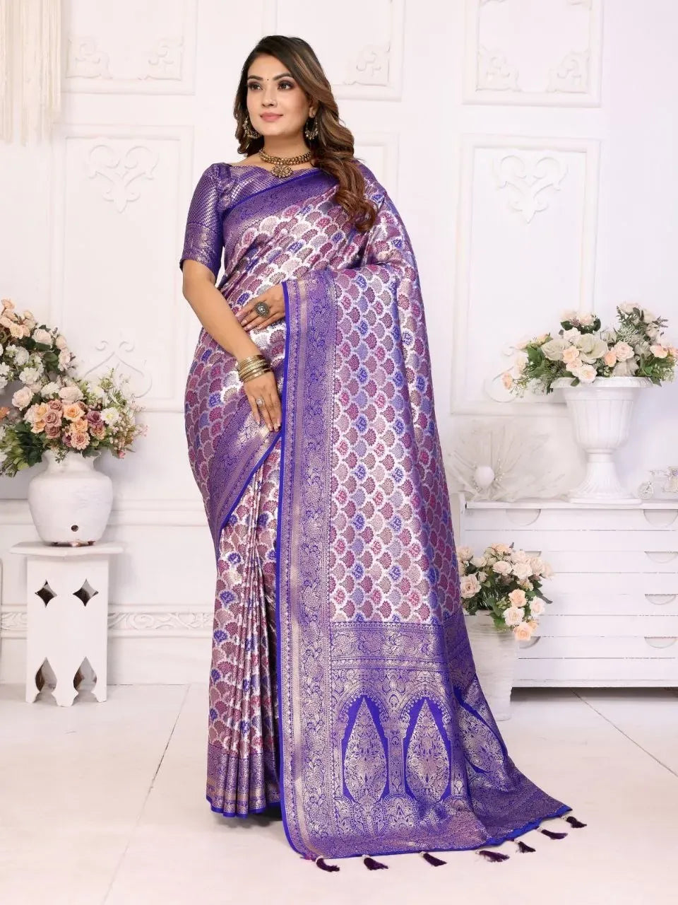 Model wearing purple Banarasi Chaturi silk saree with rich zari border