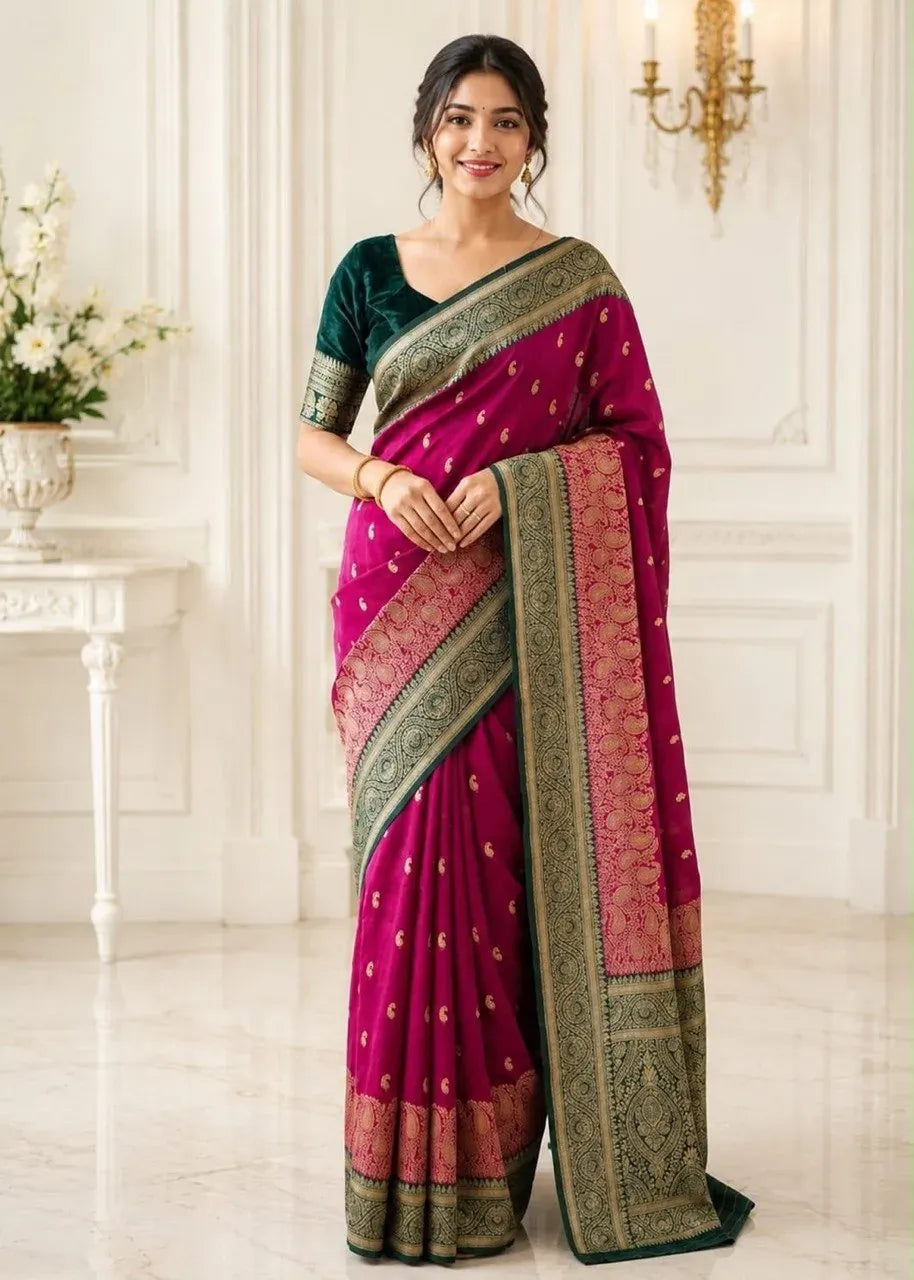 Model wearing a magenta soft lichi silk Banarasi saree with rich green jacquard border