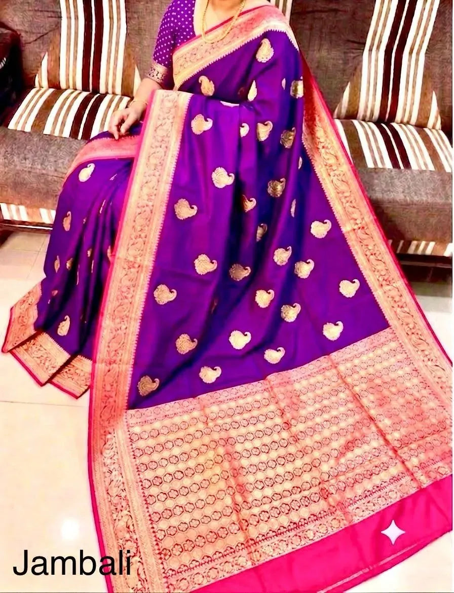Jambali purple Banarasi silk saree with gold zari weaving on model