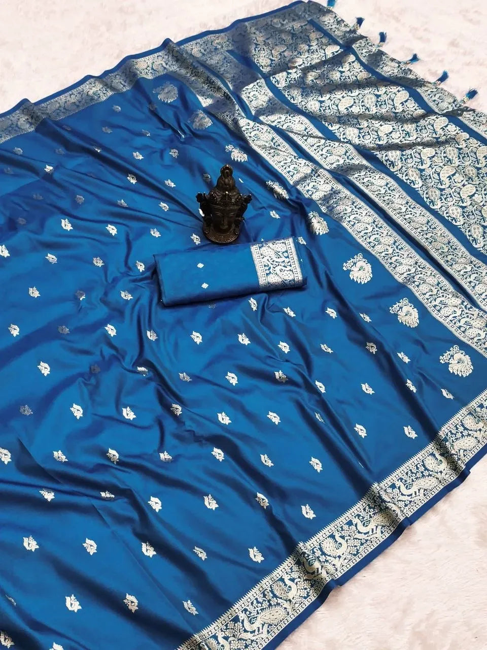Blue soft banarasi silk saree with zari weaving and pallu