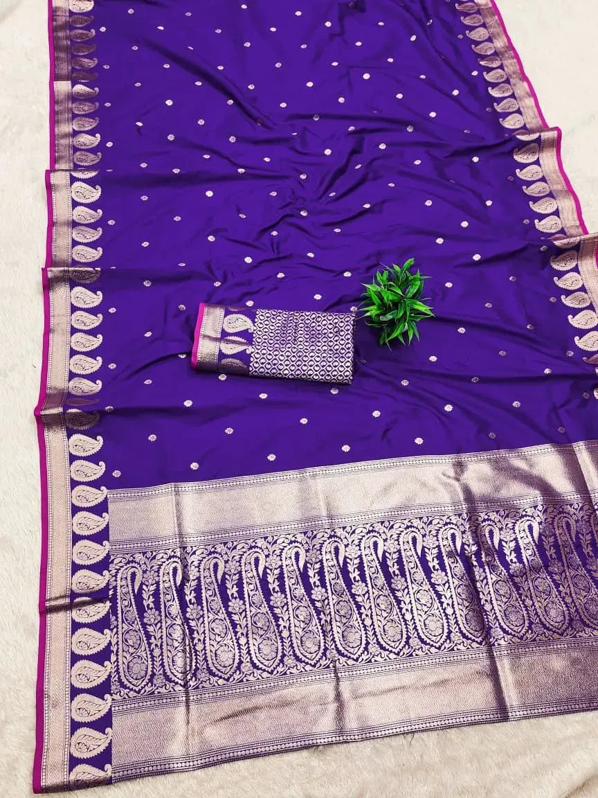 Purple pure banarasi silk saree flat lay with gold zari border