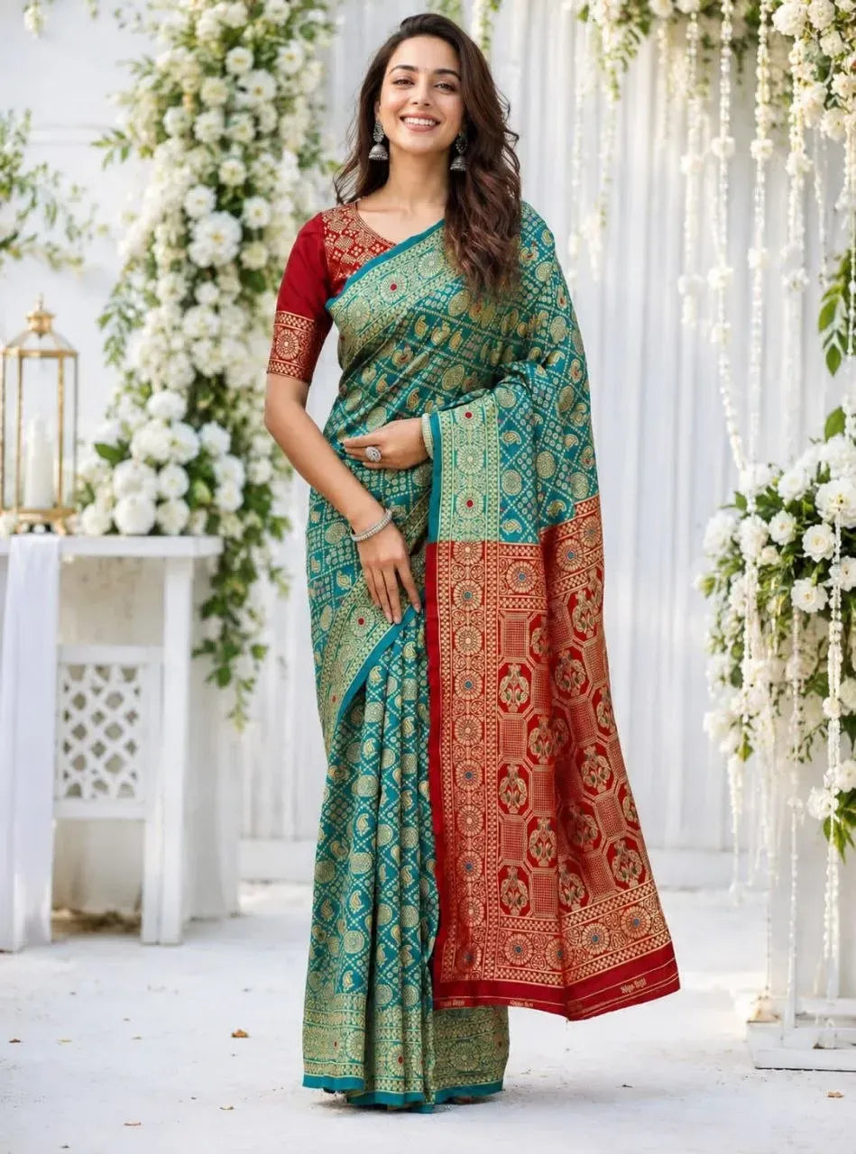 Full length front view of model in teal Banarasi saree