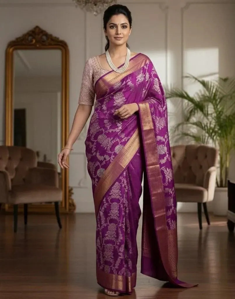Full length view of model standing in a purple banarasi silk saree indoors