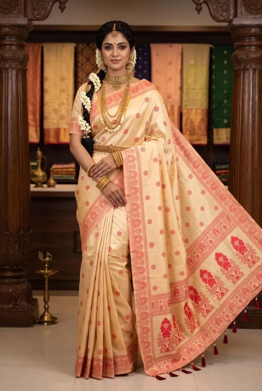 Model wearing cream and red banarasi silk saree standing indoors