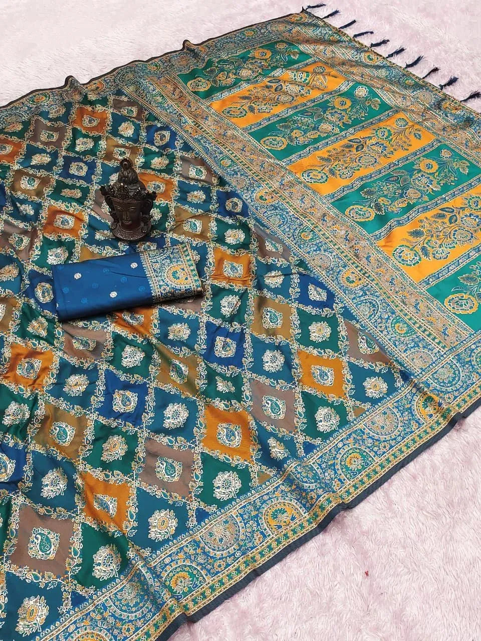 Teal blue banarasi silk saree with self weaving and contrast blouse